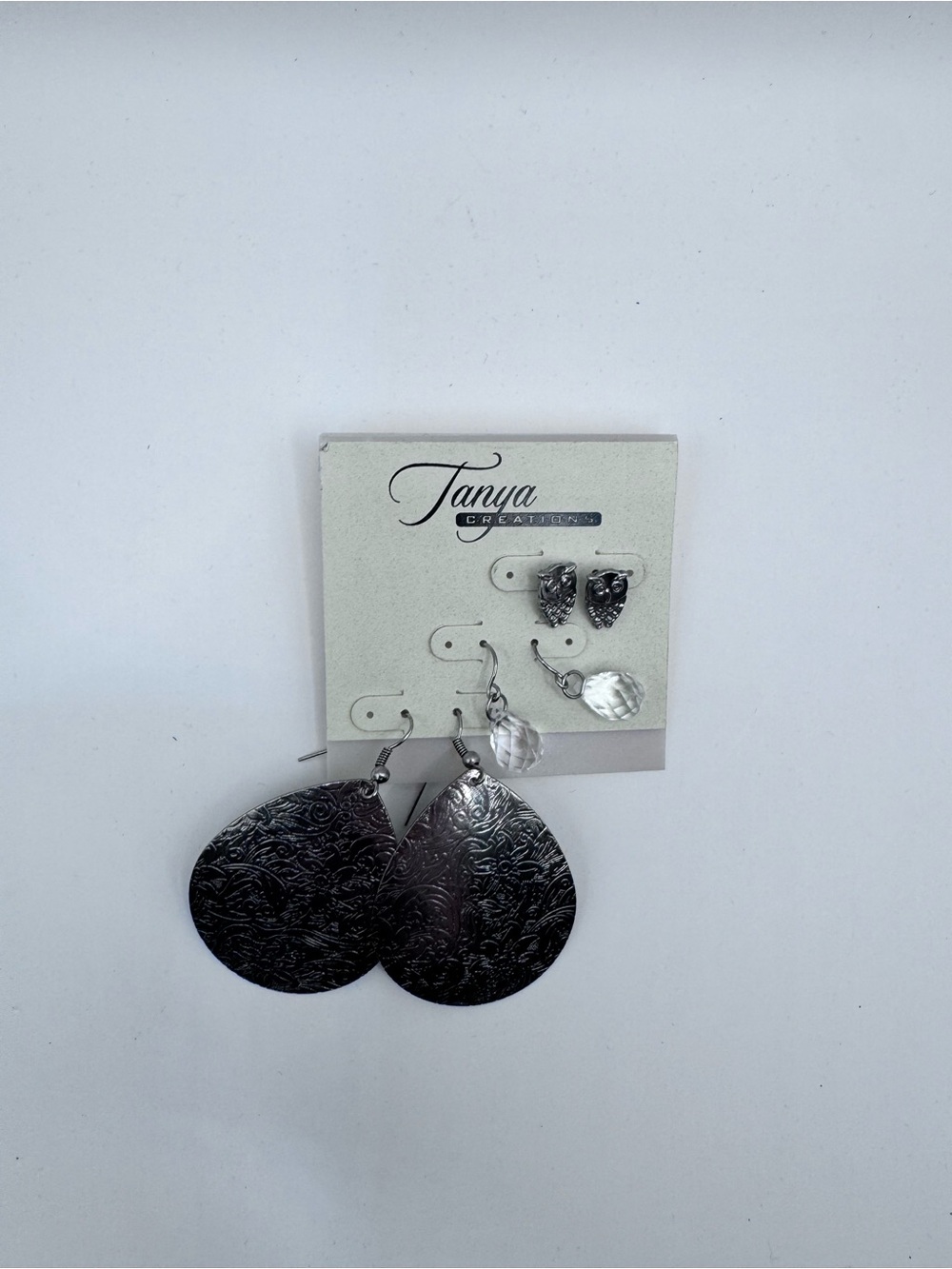 Silver-Tone Mixed 3 Earring Set with Textured Teardrop - Tanya Creations